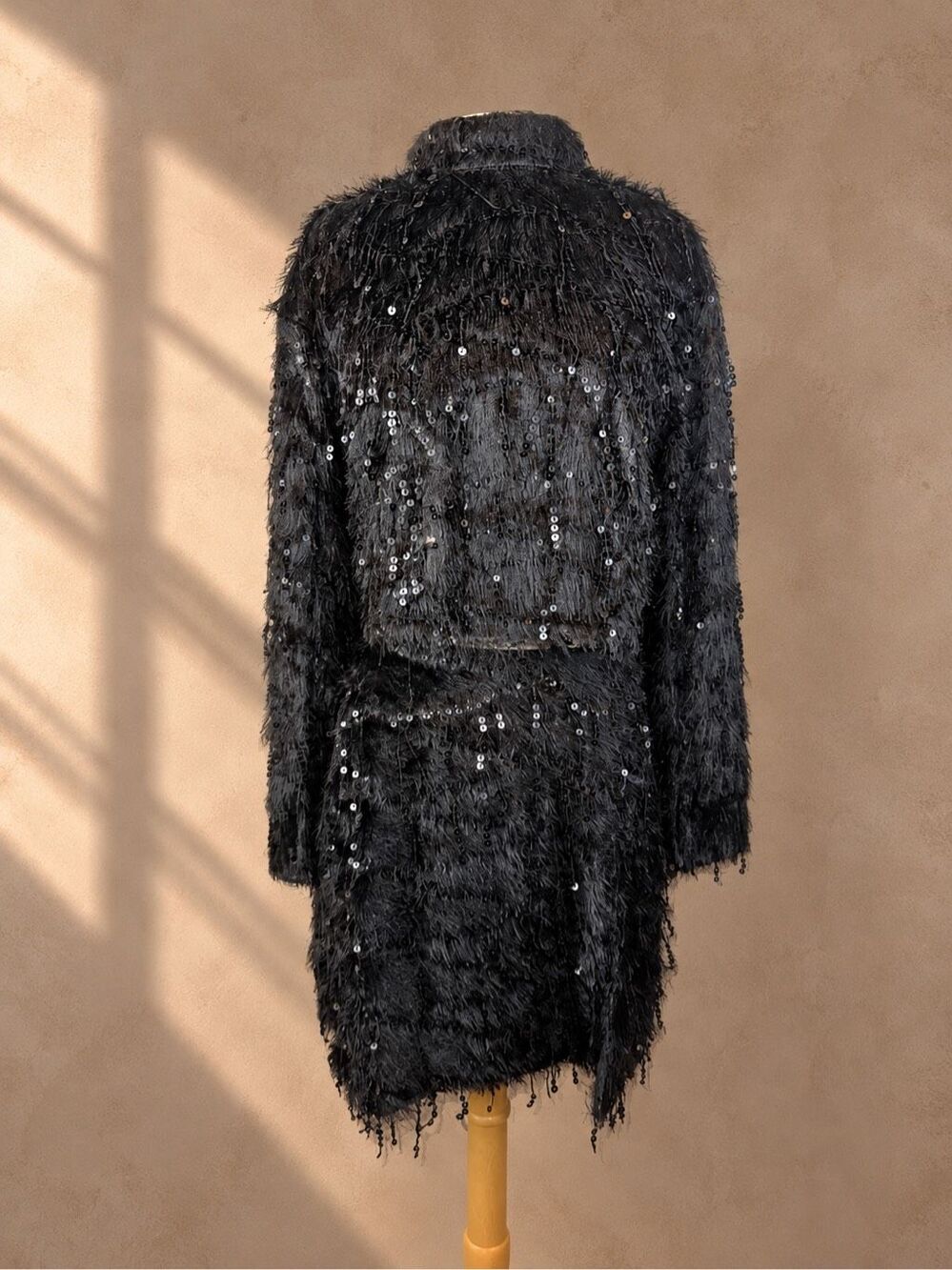 H&M M/L Black Sequin Fringe Cropped Top & Mini Skirt Set Holiday 2022
